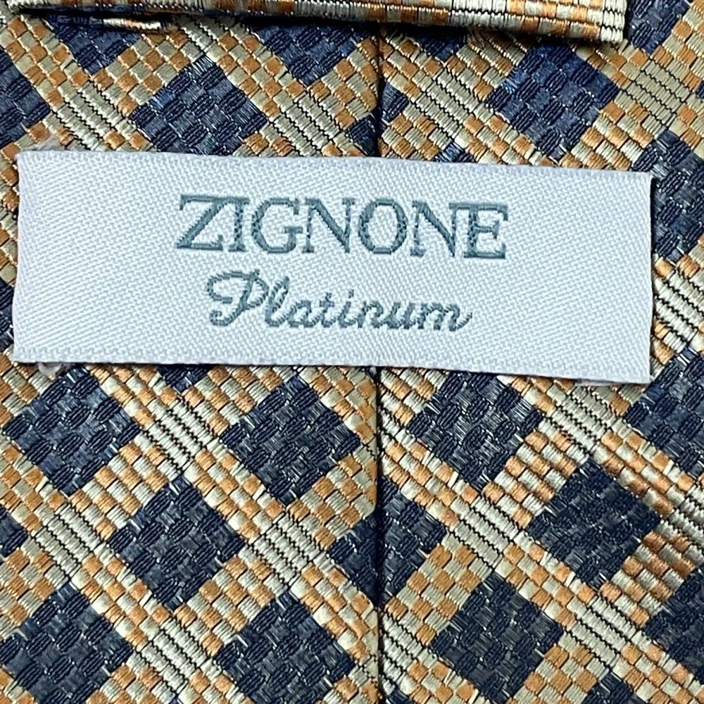VTG Zignone Platinum‎ Gray Yellow Check Necktie 100% Poly 58x4 Old Money